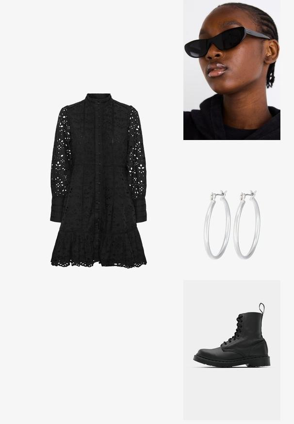 Mustlejõhuga must siidkleit, millel on nööpidega esiosa, pikad varrukad ja volangiga äär. Peal on lõigatud lille- ja geomeetrilised mustrid.; Mustad mustavi combat kingad ümmarguse varbaga, paeltega esiosa ja säärel tõmbeaas. Omab paksu kummist tallat, mis tagab vastupidavuse.; Must musta silmad eest vaatavad mustad prillid, millel on matt viimistlus, elegantne disain ja õrnalt kõverad servad, mudeli tumeda riietuse taustal.; Hõbedased rõngaskõrvarõngad, millel on sile, läikiv viimistlus. Ümmargune kuju ja turvaline klõpsulatus. Kerge disain, sobib igapäevaseks kandmiseks.