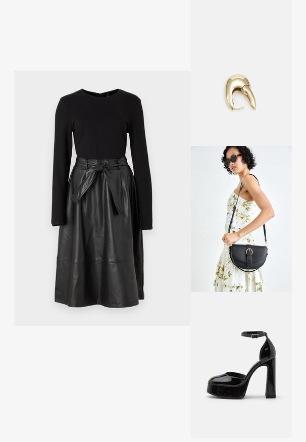 Black long-sleeve top paired with a black faux leather skirt, featuring a tied waistband and a smooth, shiny texture.; Black patent leather platform heels with an ankle strap, rounded toe, and a block heel, showcasing a smooth, shiny texture.; Black leather handbag with a curved shape, detachable strap, and gold hardware. The bag features a flap with a buckle detail.; Gold-tone metal earring with a sleek, curved design. Features a distinctive pointed shape, polished surface, and hinge closure.
