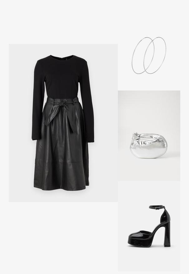 Black long-sleeve top paired with a black faux leather skirt, featuring a tied waistband and a smooth, shiny texture.; Black patent leather platform heels with an ankle strap, rounded toe, and a block heel, showcasing a smooth, shiny texture.; Silver metallic pouch bag with a soft, rounded shape and a knotted top closure. Made from smooth faux leather material.; Silver hoop earrings with a minimalist design. Circular shape, smooth texture, and thin profile. Lightweight with a polished finish.