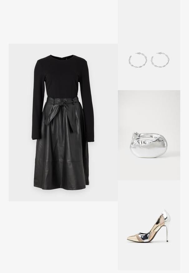 Zwarte long sleeve top gecombineerd met een zwarte faux leren rok, met een gestrikt tailleband en een gladde, glanzende textuur.; Puntige hoge hak schoenen met een zilver, goud en nude kleurenschema. Glanzende afwerking met uitsnijdingen en een stiletto hak.; Zilveren metalen pouch bag met een zachte, afgeronde vorm en een geknoopte sluiting aan de bovenkant. Gemaakt van soepel faux leren materiaal.; Zilveren creolen met een gedraaide ontwerp, voorzien van een gepolijste afwerking en een post-back sluiting. Meet ongeveer 3 cm in diameter.