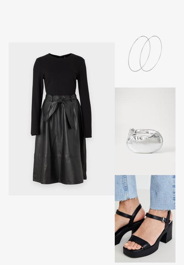 Black long-sleeve top paired with a black faux leather skirt, featuring a tied waistband and a smooth, shiny texture.; ALDO CELIE - High heeled sandals - black; Silver metallic pouch bag with a soft, rounded shape and a knotted top closure. Made from smooth faux leather material.; Silver hoop earrings with a minimalist design. Circular shape, smooth texture, and thin profile. Lightweight with a polished finish.