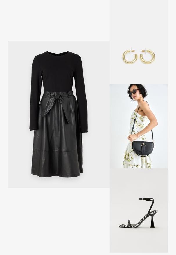 Musta pitkähihaine paita, joka on yhdistetty mustaan keinonahkahameeseen, jossa on solmittava vyötärö ja sileä, kiiltävä pinta.; Musta-valkoinen seepra kuvioinen korkea kantapää sandaali, jossa on avoin varvas, hoikka nilkkaremmi ja geometrinen lohkokanta. Sileä tekstuuri.; Musta nahkainen käsilaukku, joka on kaareva muotoilultaan, irrotettavalla hihnalla ja kultaisilla yksityiskohdilla. Laukussa on läppä, jossa on solk yksityiskohta.; Kultaketjut kullasta, joissa on sileä, kiiltävä pinta. Pyöreä muotoilu, jossa on pieni tappi ja kirkas taustalevy turvalliseen käyttöön.