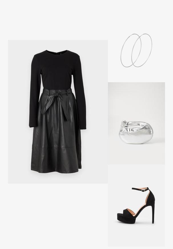 Črna dolga majica s sleeves, v kombinaciji s črno krilo iz umetnega usnja, ki ima zavezan pas in gladko, sijočo teksturo.; Črne zamškaste sandale s peto visoko z platformo, z naramnicami okrog gležnja in srebrnimi dodatki, odprtimi prsti ter gladko teksturo.; Srebrna kovinska torbica z mehko, zaobljeno obliko in zavezano zgornjo zaporo. Narejena iz gladkega umetnega usnja.; Srebrne uhane v obliki obroča z minimalističnim dizajnom. Krožna oblika, gladka tekstura in tanek profil. Lahki s poliranim zaključkom.