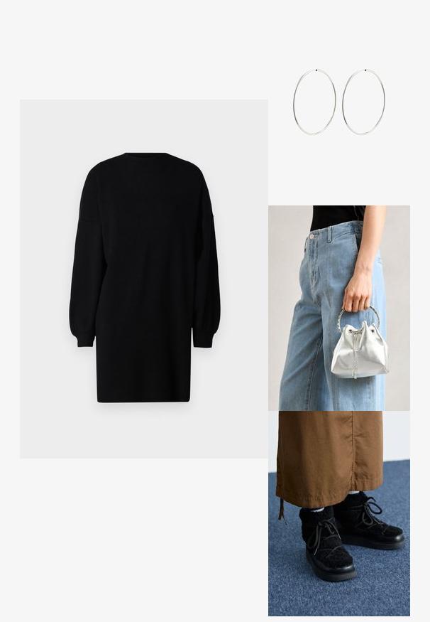 Vestido negro de punto con cuello redondo, mangas largas abullonadas y corte holgado. Textura suave sin patrones visibles ni detalles metálicos.; Zapatillas negras de felpa con suela de plataforma, que cuentan con cordones, textura suave y punta redondeada. Combinadas con una tela marrón por debajo.; Bolso tipo bucket metálico en plata con un acabado texturizado, adornado con un asa redonda plateada y cierre de cordón, sostenido contra unos jeans azul claro.; Pendientes de aro plateados con un diseño redondo y liso, y un acabado pulido. Son delgados y ligeros, y cuentan con un sencillo cierre de gancho.