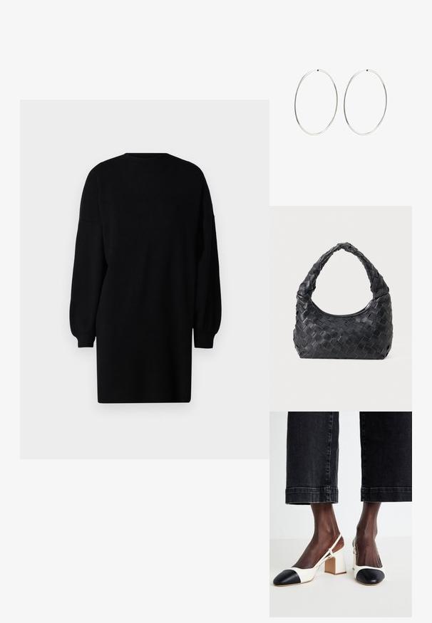 Čierne pletené šaty s okrúhlym výstrihom, dlhými nafúknutými rukávmi a voľným strihom. Hladká textúra bez viditeľných vzorov alebo kovových detailov.; Biele a čierne slingback topánky na blokovom podpätku s špicatou špičkou, hladkým koženým materiálom a kontrastným farebným detailom na špičke.; Čierna kožená pletená ramenná taška s okrúhlou rukoväťou a telom v tvare polmesiaca na jednofarebnom pozadí.; Strieborné kruhové náušnice s hladkým, okrúhlym dizajnom a lesklým povrchom. Sú tenké a ľahké, s jednoduchým uzáverom.