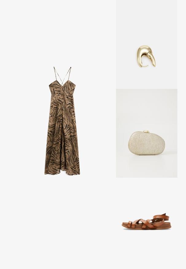 Abito maxi a righe tigre marroni e nere con sottili spalline e un design fluido, caratterizzato da una profonda scollatura e una vestibilità comoda.; Sandali in pelle marrone con cinturini incrociati, suole piatte e tacco leggermente sollevato. Texture morbida e design minimalista.; Clutch in metallo dorato e argentato con texture, dalla forma arrotondata e chiusura liscia in oro. Presenta un design intrecciato su tutta la superficie.; Orecchino in metallo color oro con un design elegante e curvo. Presenta una forma appuntita distintiva, superficie lucida e chiusura a cerniera.