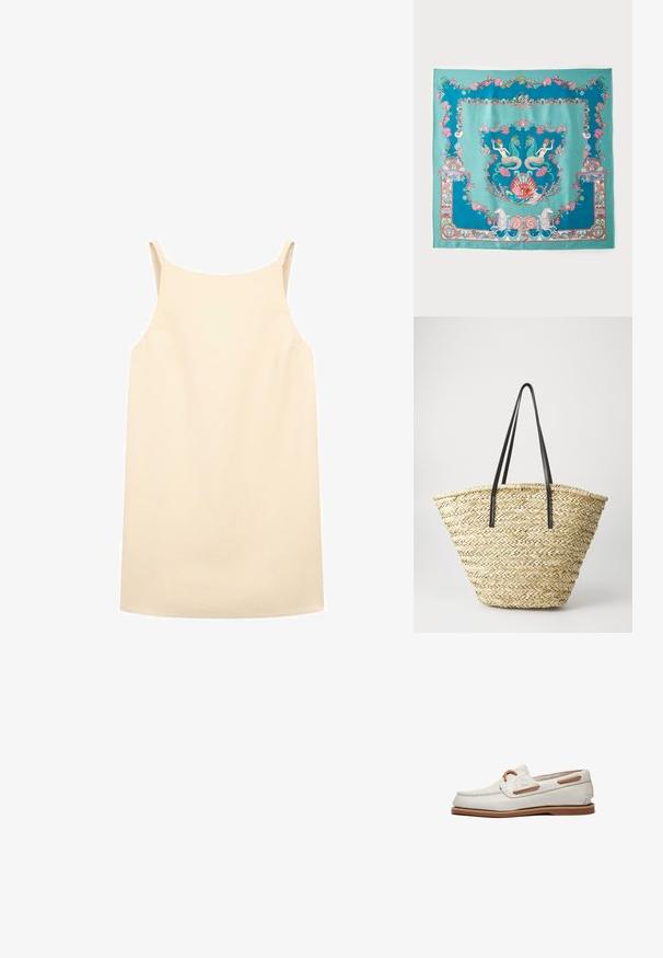 Beige sleeveless dress with a relaxed fit, made from smooth fabric, featuring thin shoulder straps and a straight hemline.; White leather boat shoe with a smooth texture, featuring tan accents, lace detail, and a rubber sole. Minimalist design with subtle stitching.; Turquoise silk scarf featuring intricate marine-themed designs, including mermaids, seashells, and coral, framed with a decorative border.; Woven straw tote bag with a wide, tapered shape, featuring two black leather handles. Natural beige color with a textured surface.