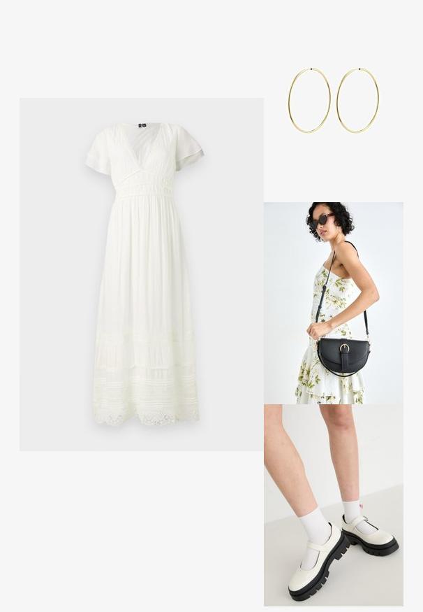 Biała maxi sukienka z krótkimi falbaniastymi rękawami, głębokim dekoltem w kształcie litery V, dopasowanym gorsetem i tiulową spódnicą z koronkowymi akcentami oraz teksturowanym materiałem.; Białe lakierowane buty typu Mary Jane z grubą czarną podeszwą, z paskiem wzdłuż podbicia, noszone z białymi skarpetkami.; Czarna skórzana torebka o zakrzywionym kształcie, z odpinanym paskiem i złotymi akcentami. Torebka posiada klapę z zapięciem w kształcie klamry.; Złote kolczyki w kształcie obręczy o gładkim, zaokrąglonym wzorze. Cienkie i lekkie, z ciągłą pętlą, bez żadnych ozdób.