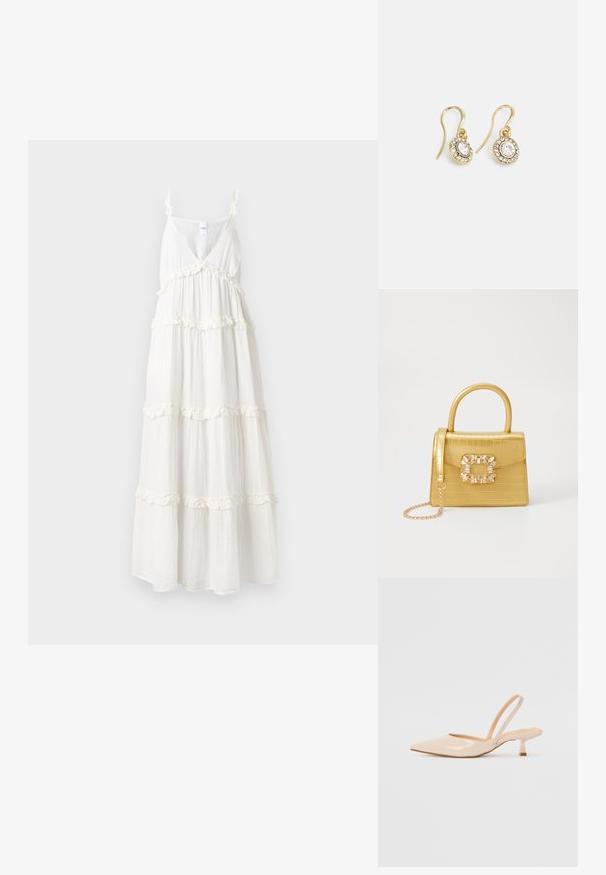 Valge maksimekko, millel on sügav V-kaelus, õhukesed kallid ja kihilised volangid hemme ääres. Valmistatud kergest, voolavast kangast mugavuse tagamiseks.; Beežist lakitud nahast slingback kontsad terava nina ja peene ruudukujulise kontsaga. Sile tekstuur ja minimalistlik disain ilma kaunistusteta.; Kollane faux-krokodilli käsipindaga kott, millel on struktureeritud disain, ülemine käepide, eemaldatav kettmass ja dekoratiivne kristallkaunistus klambril.; Kuldtooni kõrvarõngad ovalikujuliste selgete kristallidega, mille ümber on väiksemad selged kivid, ja kaarvormiga disain, et tagada kindel kandmine.