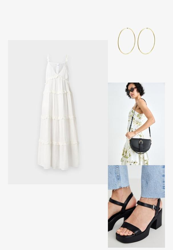 Valge maksimekko, millel on sügav V-kaelus, õhukesed kallid ja kihilised volangid hemme ääres. Valmistatud kergest, voolavast kangast mugavuse tagamiseks.; ALDO CELIE - Kõrge kontsaga sandaalid - black; Mustmust mustraha kõverate joontega, eemaldatava rihmaga ja kuldsete detailidega. Kotil on klapp, millel on pandladetail.; Kuldsest rõngastest kõrvarõngad sileda, ümarate joontega. Õhukesed ja kerged, koosnevad pidevast ringsest kujundist ilma kaunistusteta.