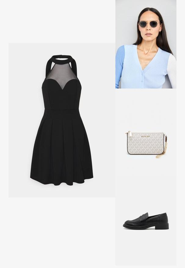 Fekete ruha pánt nélküli nyakkivágással és hálós betéttel. Szív alakú dekoltázzsal, plissézett szoknyával és testhez simuló felsőrésszel rendelkezik. Simaságot árasztó szövet.; Fekete bőrcipők lekerekített orral, varrott díszítéssel és alacsony blokk sarkal. Simább textúra, könnyen felhúzható kivitel.; Kerek napszemüveg sötét lencsékkel és arany kerettel. A modellen világoskék, bordázott kardigán van gombokkal és kontrasztos fehér ujjaival.; Michael Kors bézs bevonatos vászon karkötő, amely ismétlődő MK logó mintával, aranyszínű fémrészletekkel és levehető lánchordóval rendelkezik.