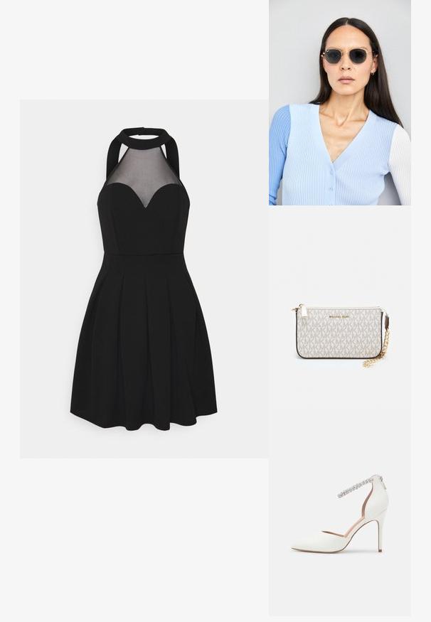 Črna obleka s halter ovratnikom in mrežnim panelom. Ima srčen izrez, nabran krilo in oprijet zgornji del. Gladka tekstura tkanine.; Bela visokotčna čevlja s koničastim prstom, usnjena, nastavljiv trak okoli gležnja okrašen z diamanti, in tanek stiletto peto.; Okrogle sončna očala s temnimi lečami in zlatimi okvirji. Model nosi svetlo modro, rebrasto jakno s gumbi in belimi rokavi v kontrastni barvi.; Michael Kors denarnica v bež lakiranem platnu z mišičnim vzorcem ponavljajočega se logotipa MK, z zlatim okovjem in snemljivo verižico.