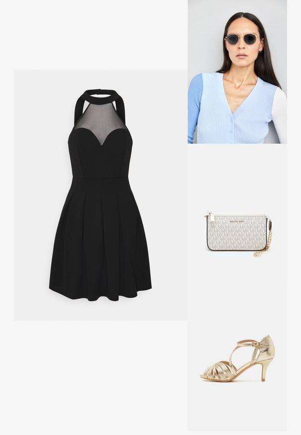 Mustad kleit, millel on kaela ümber rippuv rihm ja võrgupanel. Omab südamekujuline kaelust, volditud seelikut ja istuvat bodi. Sile kangastekstuuri.; Kuldne metallik kõrge kontsaga sandaal, millel on ristatud rihmad, avatud varvas, reguleeritav pahkluu rihm sangaga ja peen kontsidesain.; Ringikujulised prillid tumedate läätsede ja kullast raamiga. Mudel on selga pannud helesinise soonikuga kardigani, millel on nupud ja kontrastsed valged varrukad.; Michael Korsi randmevõru beige kaetud kangast, millel on korduv MK logo muster, kuldne riistvara ja eemaldatav ahelistrap.