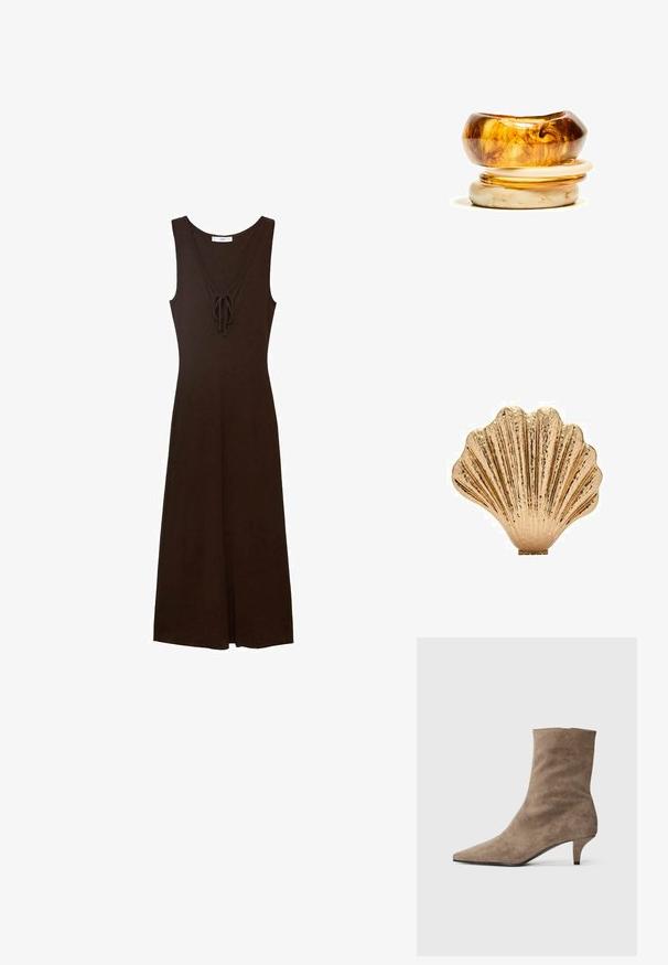 Robe sans manches marron avec un décolleté en V, détails à nouer à l'avant et une silhouette fluide, fabriquée à partir d'un tissu lisse.; Bottine en daim marron avec un bout pointu et un talon court et fin. Texture lisse avec un design simple, sans coutures.; Pièce décorative en forme de coquillage de couleur or, avec une surface texturée et un design strié, dotée d'une base plate pour la stabilité.; Une pile de deux anneaux ; le dessus est en ambre avec des tourbillons, et le dessous est beige clair ; les deux sont en résine lisse et brillante.
