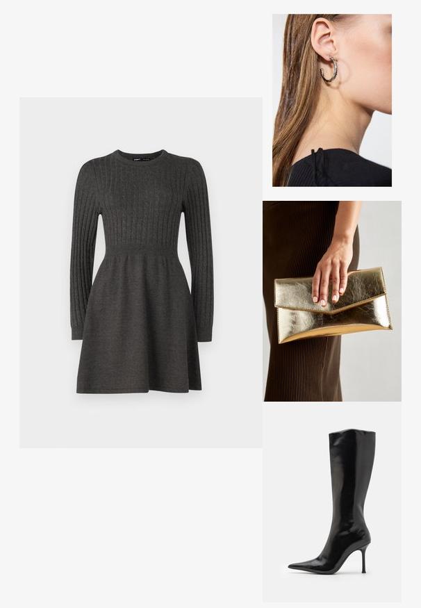 Donkergrijze gebreide jurk met ribbelstructuur, lange mouwen, ronde hals en een aansluitende bovenkant die uitloopt in een rok.; Zwarte kniehoge stiletto laars met een strak, glanzend leren uiterlijk, puntige neus en een smalle, hoge hak. Glad textuur zonder zichtbare patronen.; Gouden metallic clutchbag met een gladde textuur, voorzien van een driehoekige klep sluiting. De hand die het vasthoudt heeft netjes manicured nagels.; Zilveren oorbel met een gepolijste afwerking, met kleine gouden accentdetails en een ronde vorm, gedragen op de oorlel.