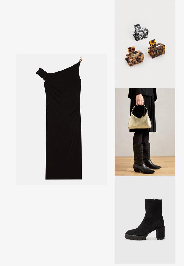 Vestido preto de um ombro, feito de tecido drapeado, com um detalhe dourado no ombro, textura suave e design até ao joelho.; Botas de tornozelo pretas em camurça com bico quadrado, salto grosso e sola de borracha texturizada com detalhes em zigzag. Acabamento suave.; Bolsa de mão texturizada em dourado com uma forma curva e alça curta, segurada por uma pessoa que usa uma saia plissada preta e botas de cowboy pretas em couro.; Três ganchos de cabelo: um em mármore preto e branco, dois em padrão tartaruga nas tonalidades castanha e preta, todos feitos de plástico brilhante com um acabamento texturizado.