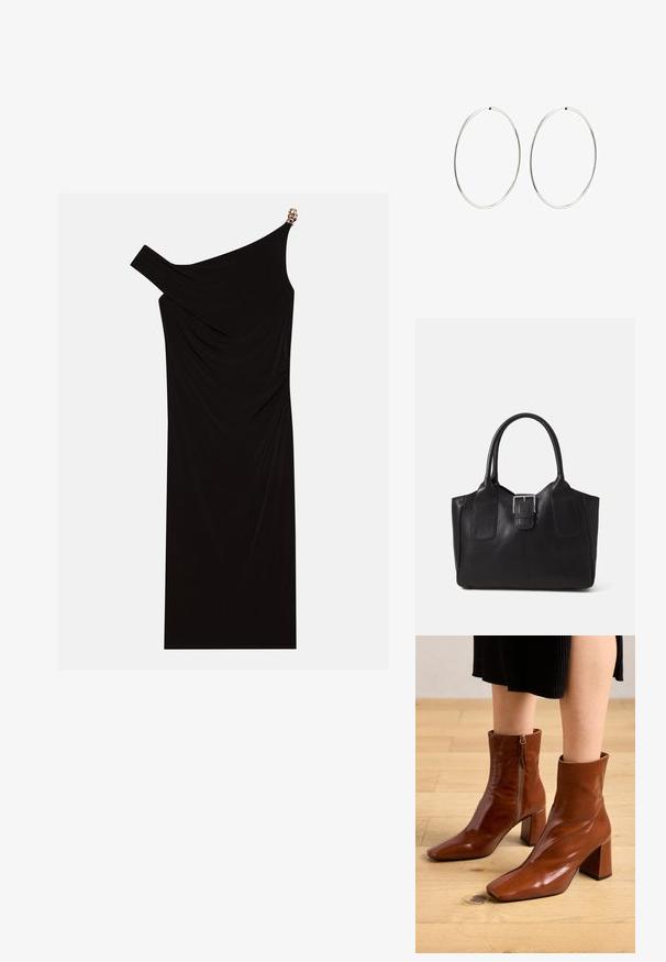 Vestido negro de un solo hombro hecho de tela drapeada, con un acento dorado en el hombro, textura suave y diseño hasta la rodilla.; Botas de tobillo de cuero marrón con un acabado brillante, punta cuadrada, tacón bloque y detalle de cremallera lateral, sobre un suelo de madera clara.; Bolso tote de cuero negro con textura suave, forma estructurada, dos asas y un prominente detalle de hebilla plateada en la parte frontal.; Pendientes de aro plateados con un diseño redondo y liso, y un acabado pulido. Son delgados y ligeros, y cuentan con un sencillo cierre de gancho.