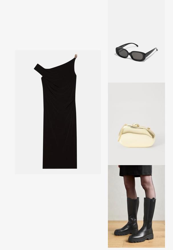 Mustaline ühe õlavarrega kleit, mis on valmistatud voolavast kangast, millel on kuldne aktsent õlal, sile tekstuur ja põlvekõrgune disain.; Mustad, kuni põlveni ulatuvad saapad siledast nahast, elastsete külgpaneelidega ja paksu kummitaldava, millel on tekstureeritud mustripinna.; Mustkunstlikud mustad ruudukujulised prillid tumedate läätsedega. Paks plastikkorpus, sile tekstuur ja ümarad servad. Moodsad templeid ulatuvad välja.; Kuldne metallist käekott sujuva, ümarate kujude ning ülemise nupuvajutusega kinnitusega. Koti küljes on väike kett, et oleks mugav kanda.