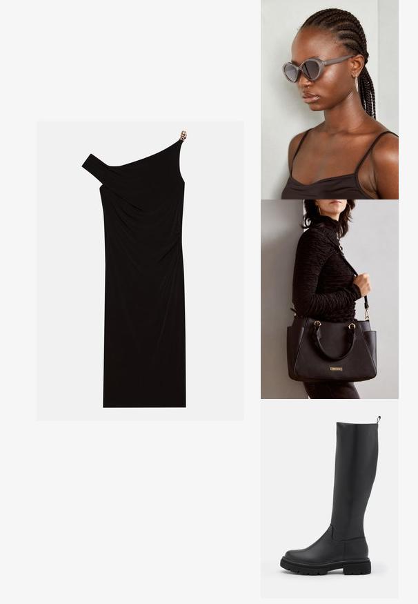 Vestido negro de un solo hombro hecho de tela drapeada, con un acento dorado en el hombro, textura suave y diseño hasta la rodilla.; Bota negra hasta la rodilla hecha de material liso y mate con suela gruesa, punta redondeada y una lengüeta en la parte superior para ponérsela fácilmente.; Gafas de sol grises de gran tamaño con forma redondeada y lentes oscuros. Montura de plástico elegante con un acabado suave. El modelo tiene el cabello trenzado.; Bolso negro con superficie texturizada, doble asa superior y correa para hombro ajustable. Presenta herrajes en tono dorado y bolsillos laterales.