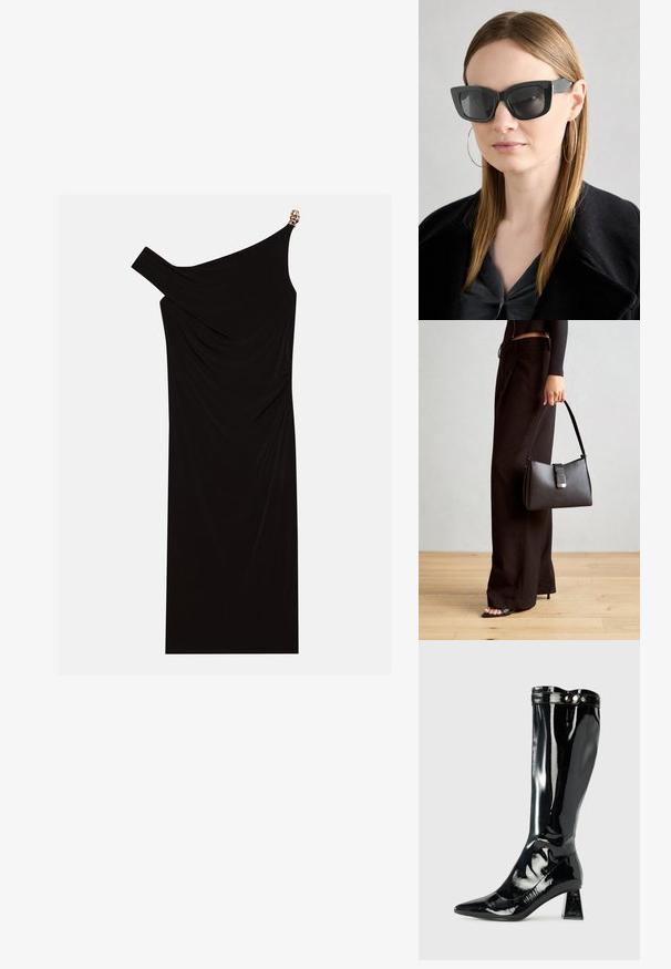 Čierne šaty s jedným ramienkom vyrobené z drapériového materiálu, s zlatým akcentom na ramene, hladkou textúrou a dĺžkou po kolená.; Čierna lakovaná kožená vysoká čižma s špicatou špičkou, geometrickou blokovou pätnou časťou a lesklým povrchom, s ozdobným gombíkom na vrchu.; Čierne mačacie slnečné okuliare s tmavými sklami, hrubými obručami a jemnými detailami. Nosí sa s čiernym kabátom a sivým topom, pričom má dlhé rovné vlasy.; Čierna kabelka so štruktúrovaným tvarom, hladkou textúrou a kovovou sponou. V kombinácii so širokými čiernymi nohavicami a sandálmi s otvorenou špičkou na drevenej podlahe.