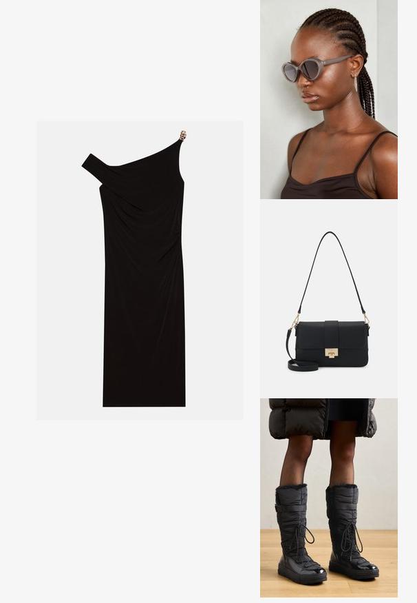 Svart enaxlad klänning i draperat tyg med en gyllen accent på axeln, slät textur och knälängd.; Knähöga svarta pufferskor med konstfuskpäls, glänsande vattentätt ovandel, texturerad sula och justerbara snörningsdetaljer.; Grå överdimensionerade solglasögon med rundad form och mörka linser. Slank plastbåge med en slät yta. Modellen har flätat hår.; Svart imitation läder axelväska med rektangulär form, guldfärgade detaljer, magnetlås och avtagbar rem. Texturerad yta.