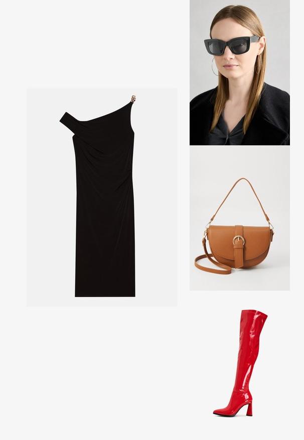 Czarna sukienka na jedno ramię wykonana z drapowanej tkaniny, z złotym akcentem na ramieniu, gładką fakturą i długością do kolan.; Czerwone lakierowane kozaki za kolano z ostrym noskiem i wyrazistym słupkowym obcasem. Posiadają błyszczące wykończenie oraz zdobienia szwów wzdłuż cholewki.; Czarne okulary w kocim kształcie z ciemnymi soczewkami, grubymi oprawkami i subtelnymi akcentami. Noszone z czarnym płaszczem i szarym topem, z długimi prostymi włosami.; Brązowa skórzana torba na ramię o zaokrąglonym kształcie, ze złotymi akcentami i zapięciem w formie klamry. Posiada odpinany pasek na ramię.