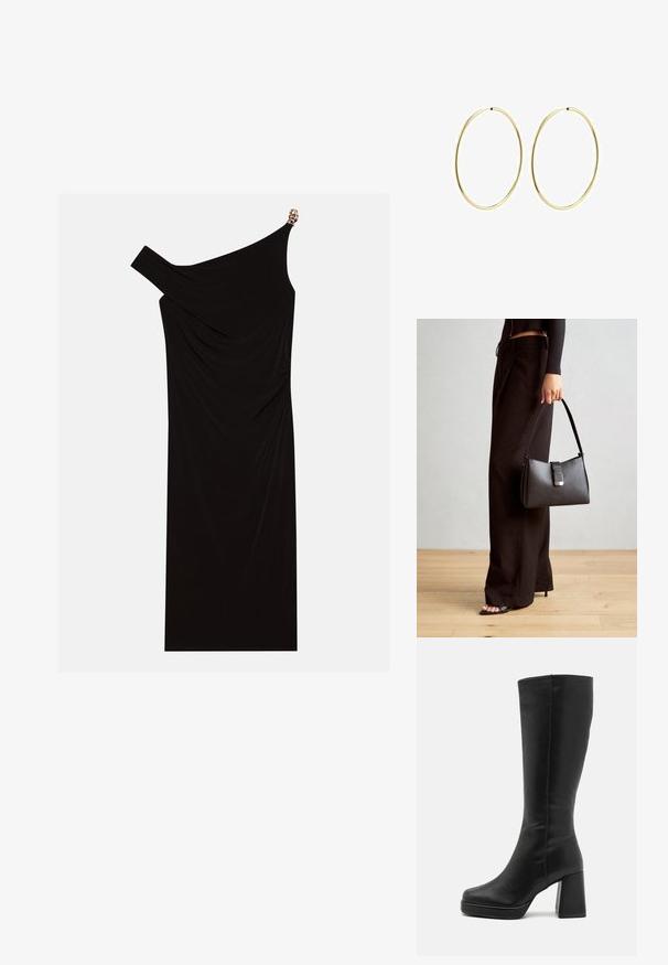 Schwarzes einseitiges Kleid aus drapiertem Stoff mit einem goldenen Akzent an der Schulter, glatter Textur und knielangem Design.; Anna Field High Heel Stiefel - black; Schwarze Handtasche mit strukturierter Form, glatter Textur und einem metallischen Verschluss. Kombiniert mit weiten schwarzen Hosen und offenen Sandalen auf einem Holzboden.; Goldene Creolen mit einem glatten, runden Design. Dünn und leicht, mit einem durchgehenden Ring ohne Verzierung.