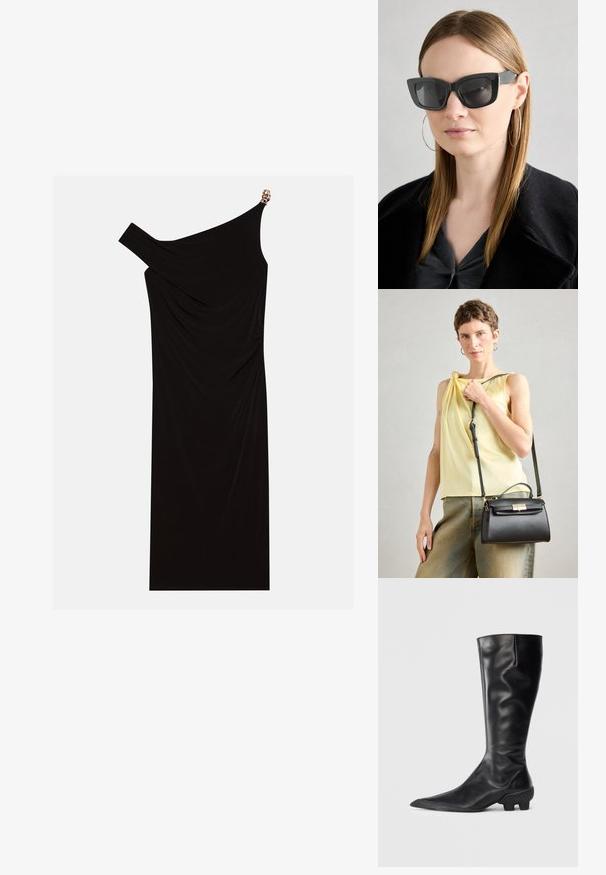 Fekete, egyvállas ruha, drapált anyagból, arany díszítéssel a vállon, sima textúrájú és térd hosszúságú kialakítással.; Fekete, térdhöz érő csizmák sima bőrből, hegyes orral és textúrált, vaskos sarokkal a jobb tapadás érdekében.; Fekete macskaszem napszemüveg sötét lencsékkel, vastag kerettel és diszkrét díszítésekkel. Fekete kabátot és szürke felsőt visel, hosszú egyenes hajjal.; Fekete bőrtáska strukturált dizájnnal, felső fogantyúval és állítható pánttal. Simás textúra és arany színű záróelem részlet.