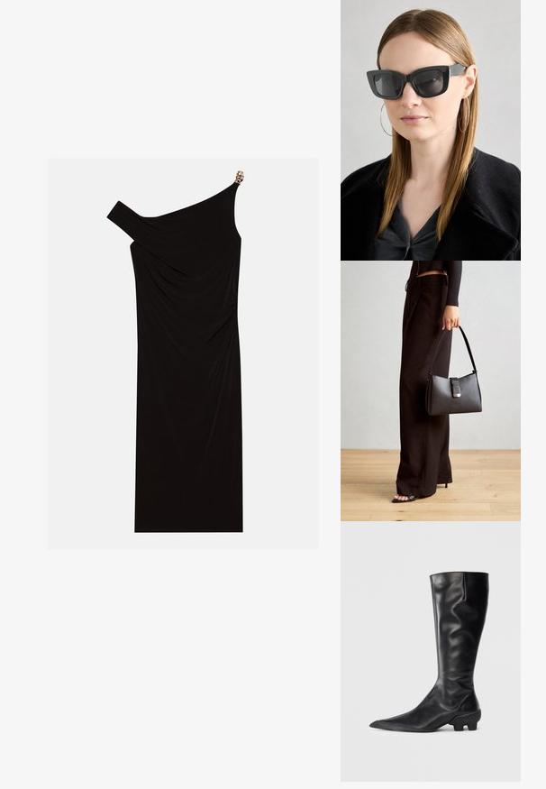 Vestido preto de um ombro, feito de tecido drapeado, com um detalhe dourado no ombro, textura suave e design até ao joelho.; Botas pretas até ao joelho, feitas de couro liso, com bico pontudo e um salto texturizado e robusto para maior aderência.; Óculos de sol pretos em formato de gato com lentes escuras, armações grossas e acentos subtis. Usados com um casaco preto e uma blusa cinza, apresentando cabelo longo e liso.; Bolsa preta com forma estruturada, textura suave e um fecho metálico. Combinada com calças largas pretas e sandálias de salto aberto sobre um chão de madeira.