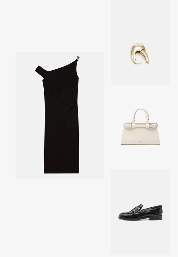 Black one-shoulder dress made of draped fabric featuring a gold accent on the shoulder, smooth texture, and knee-length design.; Black patent leather loafer with dual silver buckle accents, slightly rounded toe, and a low stacked heel. Textured stitching detail along the upper.; Structured handbag in cream faux leather with gold hardware. Features double top handles and a buckle accent on the front.; Gold-tone metal earring with a sleek, curved design. Features a distinctive pointed shape, polished surface, and hinge closure.