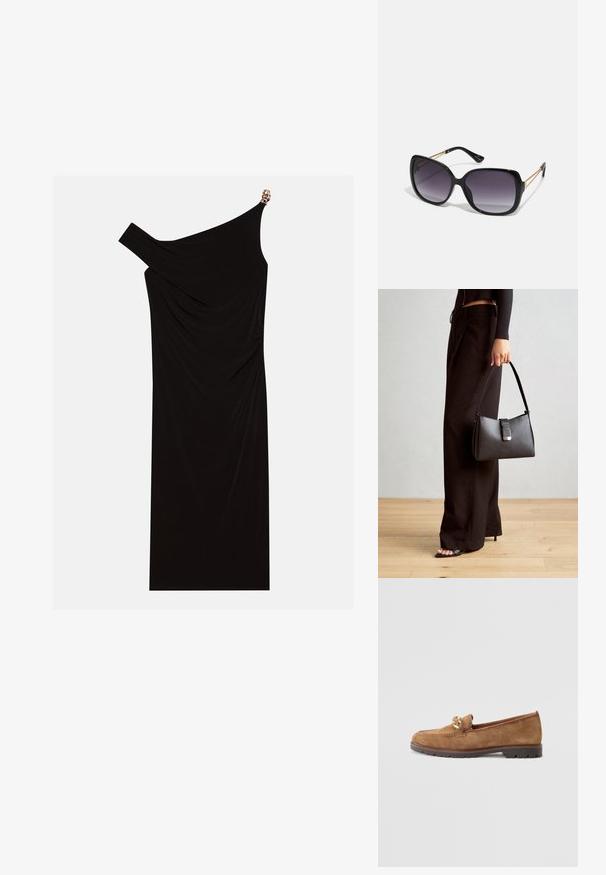 Rochie neagră cu un umăr, realizată dintr-un material drapat, cu un accent auriu pe umăr, textură netedă și design până la genunchi.; Tamaris Pantofi slip-on - camel; Ochelari de soare negri, supradimensionați, cu lentile degradate, rame groase și detalii cu lanț de ton auriu pe brațele templului.; Genți negre cu o formă structurată, textură netedă și un închizător metalic. Asortată cu pantaloni negri largi și sandale cu vârf deschis pe un podea din lemn.