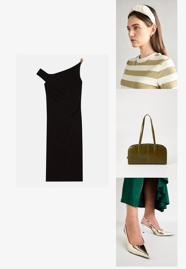 Fekete, egyvállas ruha, drapált anyagból, arany díszítéssel a vállon, sima textúrájú és térd hosszúságú kialakítással.; Simmi London LAYLIN - Klasszikus sarkú cipők - gold mirror; Oliva zöld bőr kézitáska kerek formával, dupla fogantyúval és sima elülső résszel. Jellemzője a sima textúra és a diszkrét varrási részletek.; Krém színű párnázott fejpánt csavaros kivitelezéssel, bézs és fehér csíkos pólóval párosítva, kerek nyakkivágással. Diszkrét ékszer kiegészítők.