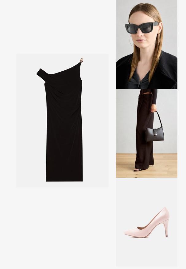 Black one-shoulder dress made of draped fabric featuring a gold accent on the shoulder, smooth texture, and knee-length design.; Pink patent leather high heel pump with a pointed toe and a sleek silhouette, featuring a 4-inch stiletto heel and a smooth finish.; Black cat-eye sunglasses with dark lenses, thick frames, and subtle accents. Worn with a black coat and gray top, featuring long straight hair.; Black handbag with structured shape, smooth texture, and a metallic clasp. Paired with wide black pants and open-toe sandals on wooden floor.