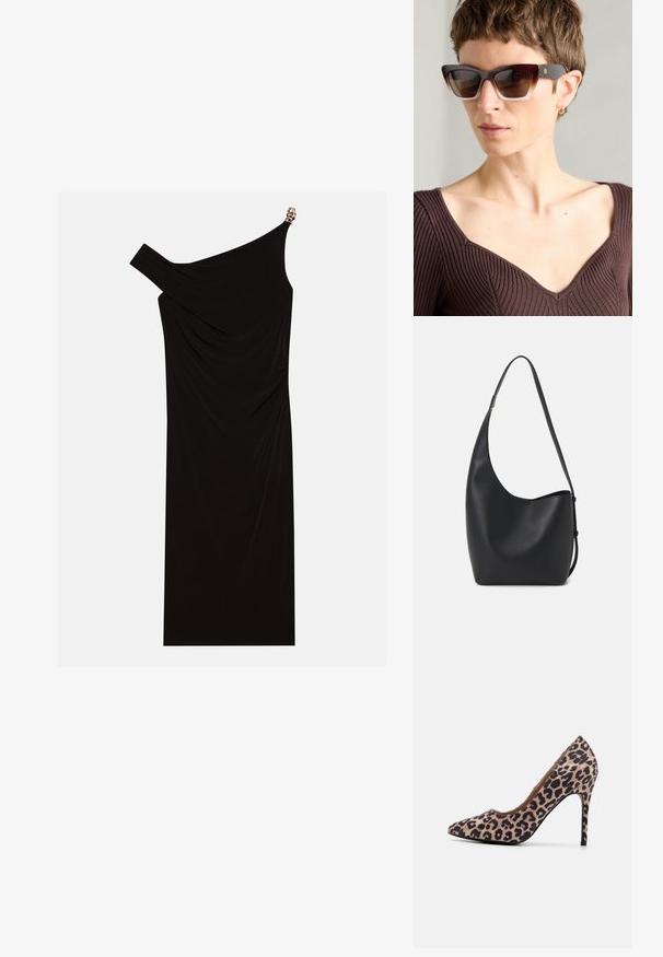 Black one-shoulder dress made of draped fabric featuring a gold accent on the shoulder, smooth texture, and knee-length design.; Leopard print high-heeled shoe with pointed toe, textured fabric, 10 cm stiletto heel, and smooth interior lining.; Brown cat-eye sunglasses with gradient lenses, a thick tortoiseshell frame, and contrasting dark arms featuring a subtle logo detail.; Black leather hobo bag with a smooth texture, curved shape, and single adjustable strap; features a wide opening at the top.