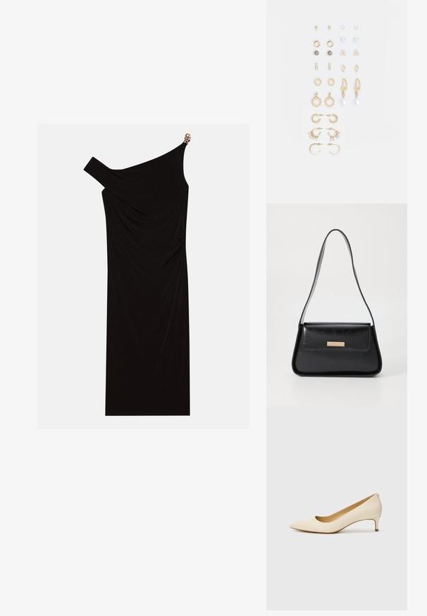 Schwarzes einseitiges Kleid aus drapiertem Stoff mit einem goldenen Akzent an der Schulter, glatter Textur und knielangem Design.; Beige spitze Pumps aus glattem Synthetikmaterial, mit niedrigem Absatz und einem rutschfesten Design mit einem dezenten Rückendetail.; Schwarze Lederhandtasche mit einer strukturierten dreieckigen Form, schmalem Trageriemen und goldfarbenen Beschlägen, die über ein Logo-Emblem auf der vorderen Klappe verfügt.; Goldfarbene Ohrringe in verschiedenen Designs, darunter Stecker, Creolen und hängende Modelle mit Perlen und Strass.