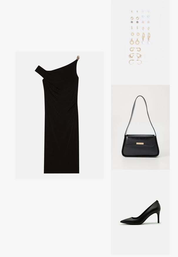 Schwarzes einseitiges Kleid aus drapiertem Stoff mit einem goldenen Akzent an der Schulter, glatter Textur und knielangem Design.; Schwarzer, hochhackiger Pumps aus glattem Leder, mit einer spitzen Zehenpartie und einem schlanken Stiletto-Absatz. Minimalistisches Design ohne sichtbare Verzierungen.; Schwarze Lederhandtasche mit einer strukturierten dreieckigen Form, schmalem Trageriemen und goldfarbenen Beschlägen, die über ein Logo-Emblem auf der vorderen Klappe verfügt.; Goldfarbene Ohrringe in verschiedenen Designs, darunter Stecker, Creolen und hängende Modelle mit Perlen und Strass.