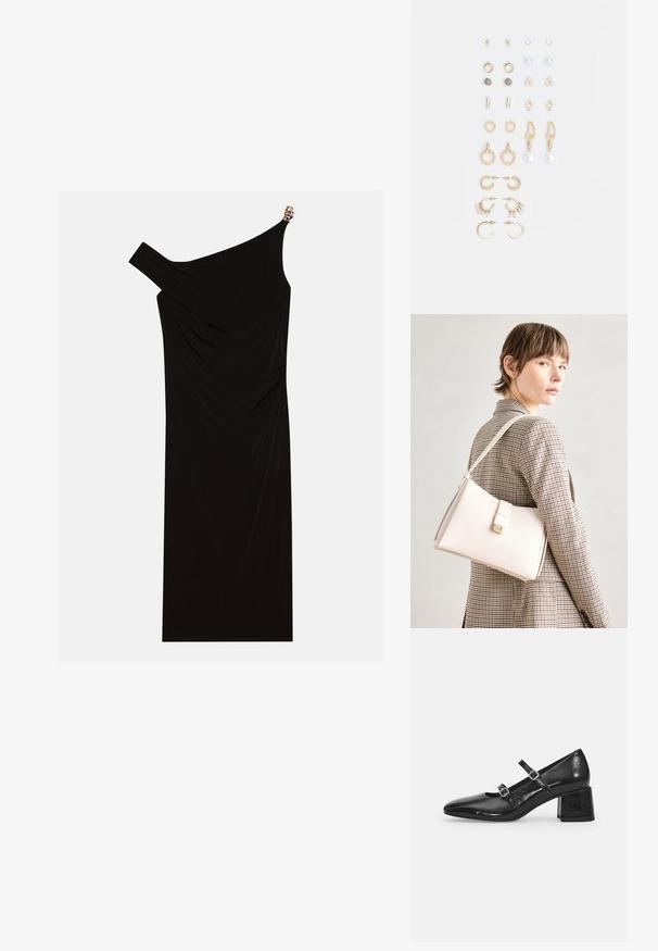 Rochie neagră cu un umăr, realizată dintr-un material drapat, cu un accent auriu pe umăr, textură netedă și design până la genunchi.; Pantofi Mary Jane din piele sintetica lucioasa, negri, cu vârful ascuțit, două curele reglabile și toc gros. Textură netedă și finisaj strălucitor.; Geantă de mână din piele albă cu un design structurat, având o închidere magnetică și un breteau, expusă pe un fundal neutru.; Set de cercei aurii, cu diverse designuri, inclusiv cercei tip stud, cercei hoop și cercei lungi cu perle și strassuri.