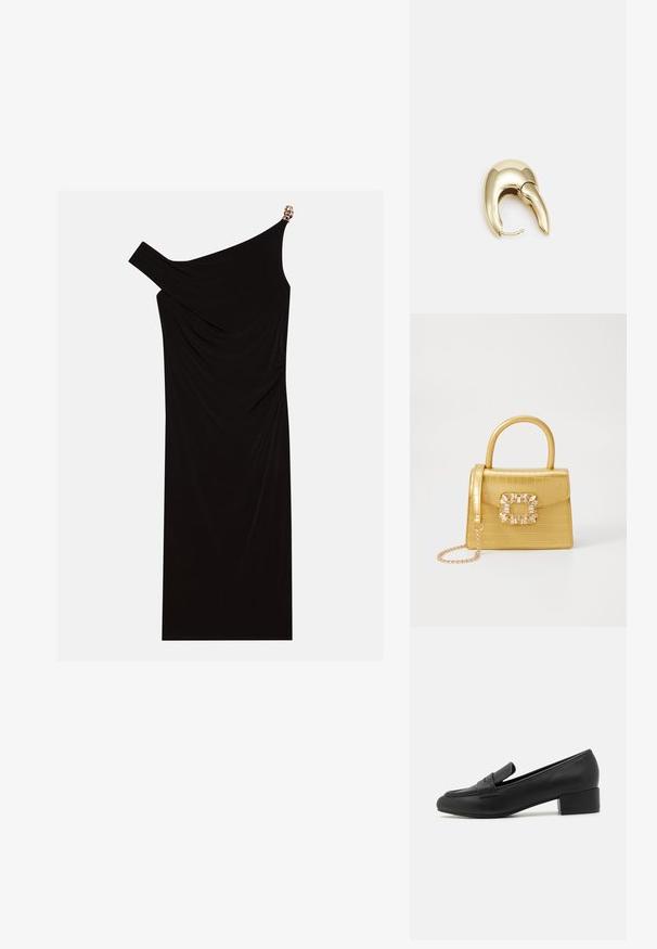 Čierne šaty s jedným ramienkom vyrobené z drapériového materiálu, s zlatým akcentom na ramene, hladkou textúrou a dĺžkou po kolená.; Čierne kožené mokasíny so spodným blokovým opätkom, elegantným dizajnom, prešívanými detailmi a minimalistickým siluetom.; Žltá falošná krokodília kabelka so štruktúrovaným dizajnom, horným držadlom, odnímateľným reťazovým popruhom a dekoratívnym kryštálovým ozdobením na zapínaní.; Náušnice z kovu v zlatej farbe s elegantným, zakriveným dizajnom. Majú charakteristický špicatý tvar, leštený povrch a uzáver na pánt.