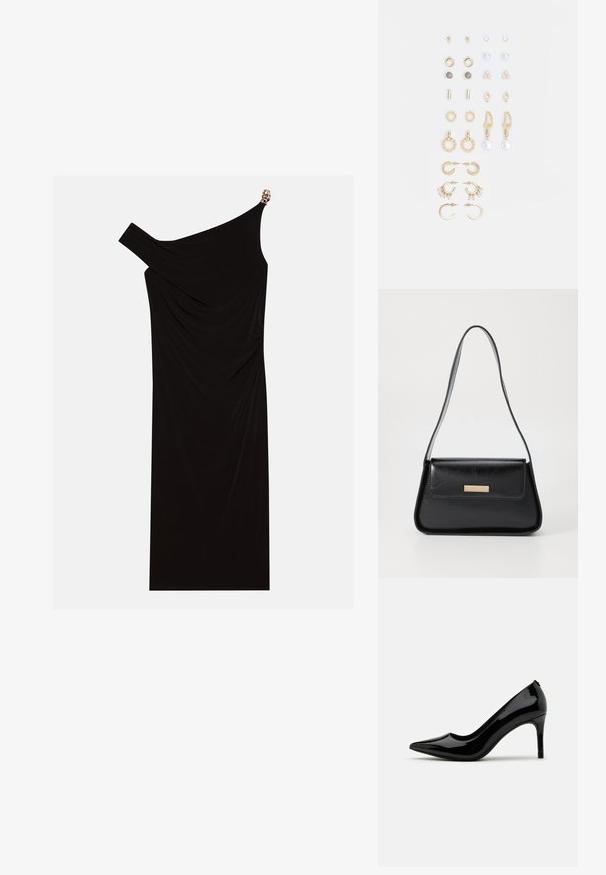 Mustaline ühe õlavarrega kleit, mis on valmistatud voolavast kangast, millel on kuldne aktsent õlal, sile tekstuur ja põlvekõrgune disain.; Must have kõrge kontsaga must lakitud nahast king, millel on terav nina ja voolujooneline siluett, omades sujuvat tekstuuri ja minimalistlikku disaini.; Must mustrist nahkist kott, millel on struktureeritud kolmnurkne kuju, peen rihm ja kuldset tooni detailid, millel on logoplaat eesmisel klapil.; Kullastusust kõrvarõngaste komplekt, mis sisaldab erinevaid disaine, sealhulgas nööpe, rõngaid ja riputatavaid tükke, millel on pärlid ja rhinestones.