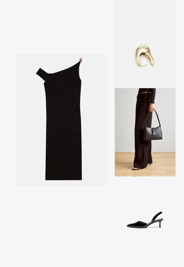 Schwarzes einseitiges Kleid aus drapiertem Stoff mit einem goldenen Akzent an der Schulter, glatter Textur und knielangem Design.; Schwarze Lackleder-Slingback-Pumps mit spitzem Fuß, niedrigem Stiletto-Absatz und einem eleganten, schlichten Design ohne Verzierungen.; Schwarze Handtasche mit strukturierter Form, glatter Textur und einem metallischen Verschluss. Kombiniert mit weiten schwarzen Hosen und offenen Sandalen auf einem Holzboden.; Ohrringe aus goldfarbenem Metall mit einem schlanken, geschwungenen Design. Sie verfügen über eine markante, spitze Form, eine polierte Oberfläche und einen Scharnierverschluss.