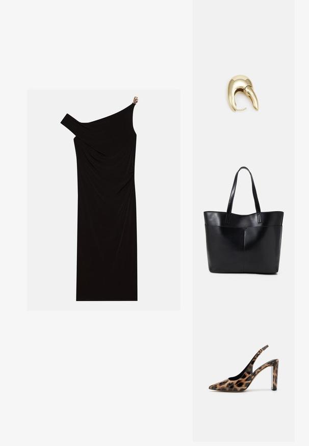 Robe noire asymétrique faite de tissu drapé, dotée d'un accent doré sur l'épaule, d'une texture lisse et d'un design mi-cuisse.; Escarpin à dos nu en imprimé léopard avec un bout pointu et un talon bloc transparent. Fabriqué en matériau brillant avec une texture lisse.; Sac fourre-tout en cuir noir avec deux longues poignées, une texture lisse et une forme structurée. Dispose d'une poche avant pour un rangement supplémentaire.; Boucle d'oreille en métal doré avec un design élégant et courbé. Présente une forme conique distinctive, une surface polie et une fermeture à charnière.