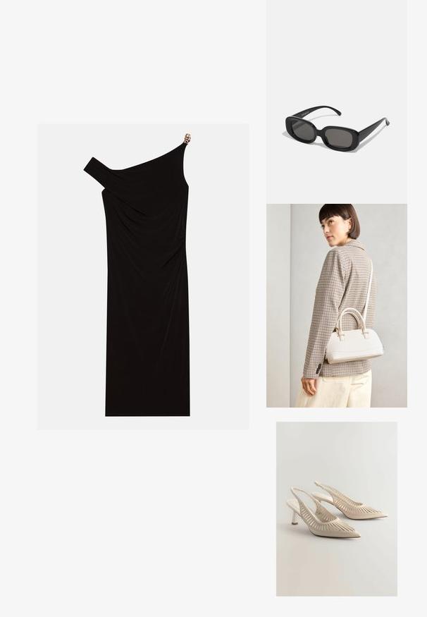 Vestido negro de un solo hombro hecho de tela drapeada, con un acento dorado en el hombro, textura suave y diseño hasta la rodilla.; Tacones de slingback beige con puntas afiladas, con un diseño de rayas recortadas, detalles tejidos y un pequeño tacón cuadrado. Acabado de superficie suave.; Gafas de sol negras en forma rectangular con lentes oscuros. Montura de plástico grueso, textura suave y bordes redondeados. Las patillas elegantes se extienden hacia afuera.; Bolso estructurado blanco con asas cortas y una correa para el hombro, que presenta detalles en dorado y material texturizado, exhibido sobre un fondo gris.; Conjunto de cinco pendientes de oro, con distintos diseños: superficies retorcidas, estriadas y lisas en formas de aro y media luna.