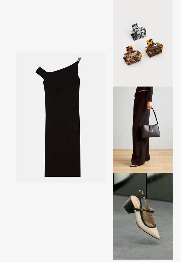 Black one-shoulder dress made of draped fabric featuring a gold accent on the shoulder, smooth texture, and knee-length design.; Beige pointed-toe slingback shoe with black trim, gold buckle, and a chunky block heel on gray floor with dark green background.; Black handbag with structured shape, smooth texture, and a metallic clasp. Paired with wide black pants and open-toe sandals on wooden floor.; Three hair clips: one black and white marbled, two tortoiseshell in brown and black hues, all made of glossy plastic with a textured finish.