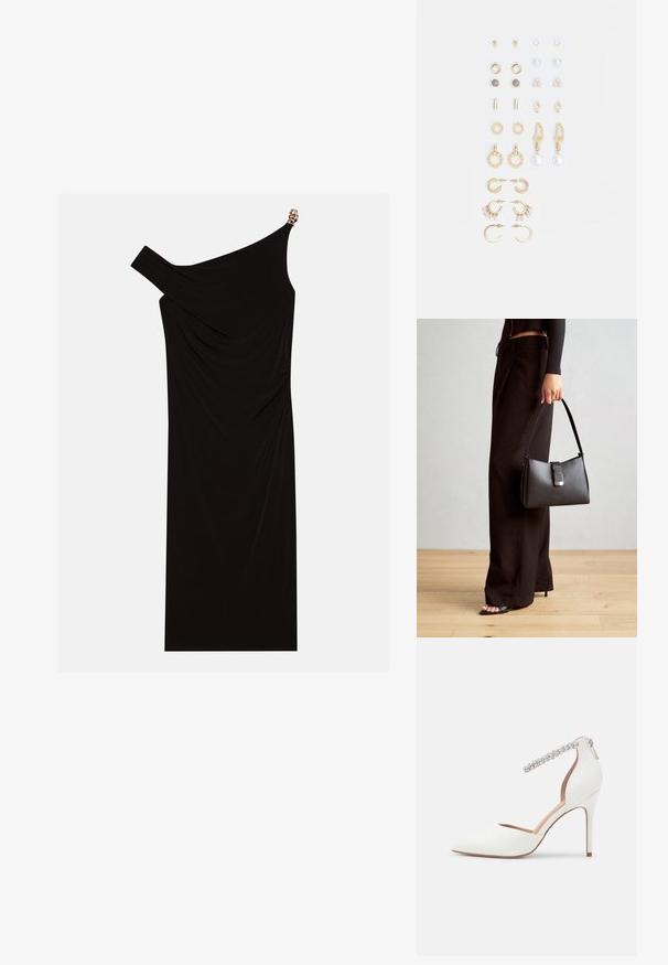Schwarzes einseitiges Kleid aus drapiertem Stoff mit einem goldenen Akzent an der Schulter, glatter Textur und knielangem Design.; Weißer High Heel Schuh mit spitzem Zehenbereich, aus Leder gefertigt, verstellbare Knöchelriemen verziert mit Strasssteinen und schlanker Stiletto-Fuß. ; Schwarze Handtasche mit strukturierter Form, glatter Textur und einem metallischen Verschluss. Kombiniert mit weiten schwarzen Hosen und offenen Sandalen auf einem Holzboden.; Goldfarbene Ohrringe in verschiedenen Designs, darunter Stecker, Creolen und hängende Modelle mit Perlen und Strass.