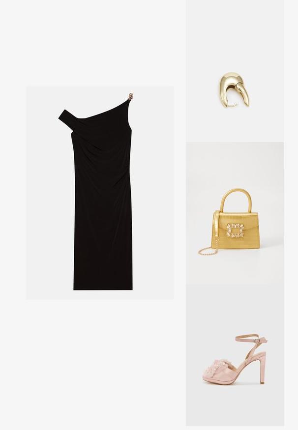 Črna obleka z enim ramenom, izdelana iz drapirane tkanine, z zlatim poudarkom na rami, gladko teksturo in obliko do kolen.; Svetlo roza satenske sandale na visoki peti z nabrano tilasto dekoracijo, okrašene s szt. biseri, z naramnicami za gleženj in odprtim prstom.; Rumeno usnjeno-usnje z vzorcem krokodila, s strukturiranim dizajnom, zgornjo ročajem, snemljivo verižico in dekorativnim kristalnim okrasjem na zaponki.; Uhane nakit iz zlatastega tona z gladko, ukrivljeno zasnovo. Ima edinstveno koničasto obliko, polirano površino in zaponko s tečajem.