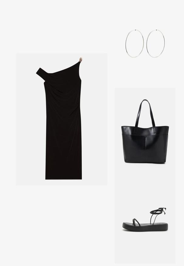 Musta yksiolkaiminen mekko, joka on valmistettu laskostetusta kankaasta ja jossa on kultainen yksityiskohta olkasaumassa, sileä pinta ja polvipituinen malli.; Musta litteä sandaalit, joissa on leveä pohja, ohuet hihnat ja säädettävä solki nilkassa. Sileä pinta ja minimalistinen muotoilu.; Musta nahkainen kassi, jossa on kaksi pitkää kahvaa, sileä pinta ja jämäkkä muoto. Sisältää etutaskun lisävarastointia varten.; Hope hopeita hopeita, joissa on sileä, pyöreä muoto ja kiiltävä pinta. Ne ovat ohuita ja kevyitä, ja niissä on yksinkertainen lukitus.