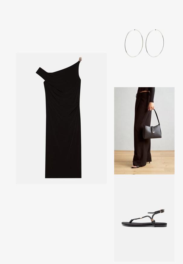 Juoda su viena petnešėle suknelė, pagaminta iš drapiruoto audinio, su aukso akcentu ant peties, lygia tekstūra ir iki kelių ilgio.; Juodos plokščios šlepetės su pintomis dirželiais ir metaliniu akcentu. turi reguliuojamą sagtį ir plokščią gumos padą patogumui.; Juodas rankinė struktūrizuota forma, lygi tekstūra ir metalinis užsegimas. Suporuota su plačiomis juodomis kelnėmis ir atvirais bateliais ant medinių grindų.; Sidabriniai auskarai-žiedai su lygiu, apvaliu dizainu ir blizgiu paviršiumi. Jie yra ploni ir lengvi, turintys paprastą užsegimą.