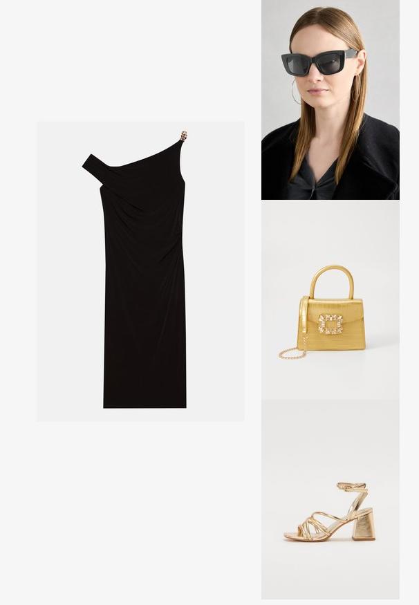 Mustaline ühe õlavarrega kleit, mis on valmistatud voolavast kangast, millel on kuldne aktsent õlal, sile tekstuur ja põlvekõrgune disain.; Kuldne metallik kontsandaalid, millel on rihmadega disain, ruudukujuline plokkkonts ja reguleeritav pahkluu rihm klambriga. Sile tekstuur.; Must musta prillid tumedate läätsedega, paksude raamidega ja tagasihoidlike aktsentidega. Kantud musta jope ja halli särkiga, pikki sirgeid juukseid kandes.; Kollane faux-krokodilli käsipindaga kott, millel on struktureeritud disain, ülemine käepide, eemaldatav kettmass ja dekoratiivne kristallkaunistus klambril.