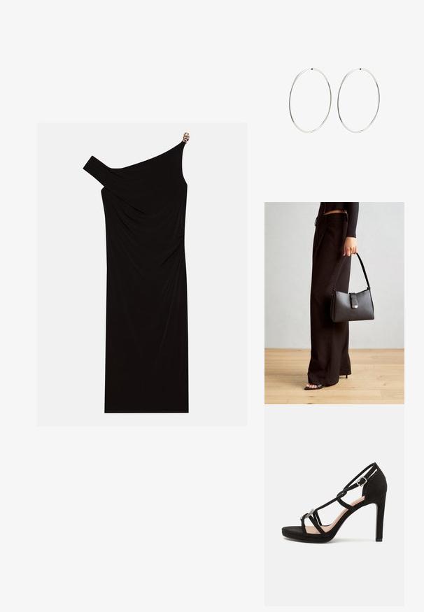 Schwarzes einseitiges Kleid aus drapiertem Stoff mit einem goldenen Akzent an der Schulter, glatter Textur und knielangem Design.; Schwarze Wildleder-Pappelsandalen mit überkreuzten Riemen, einem dekorativen silberfarbenen Akzent und einer Plateausohle für zusätzliche Höhe.; Schwarze Handtasche mit strukturierter Form, glatter Textur und einem metallischen Verschluss. Kombiniert mit weiten schwarzen Hosen und offenen Sandalen auf einem Holzboden.; Silberne Creolen mit einem glatten, runden Design und einer polierten Oberfläche. Sie sind dünn und leicht und verfügen über einen einfachen Verschluss.