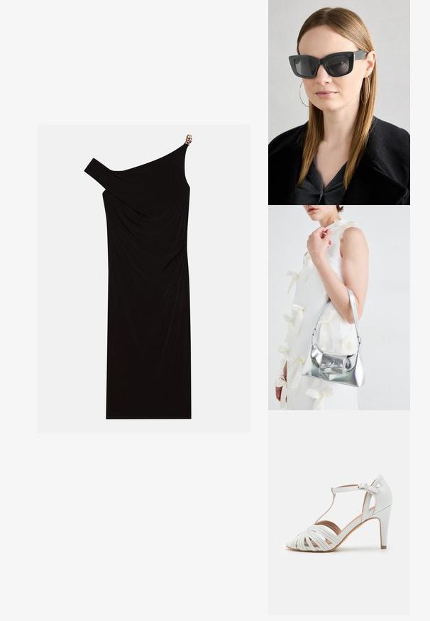Fekete, egyvállas ruha, drapált anyagból, arany díszítéssel a vállon, sima textúrájú és térd hosszúságú kialakítással.; Fehér magassarkú szandál keresztbe fűzött pántokkal, T-alakú dizájnnal, sima felülettel és hegyes orral. Karcsú sarokkal és csatolható záródással rendelkezik.; Fekete macskaszem napszemüveg sötét lencsékkel, vastag kerettel és diszkrét díszítésekkel. Fekete kabátot és szürke felsőt visel, hosszú egyenes hajjal.; Ezüst fémes kézitáska, struktúrált formával, felső fogantyúval és masnis részlettel az elején. Simaságával és fényes felületével tűnik ki.